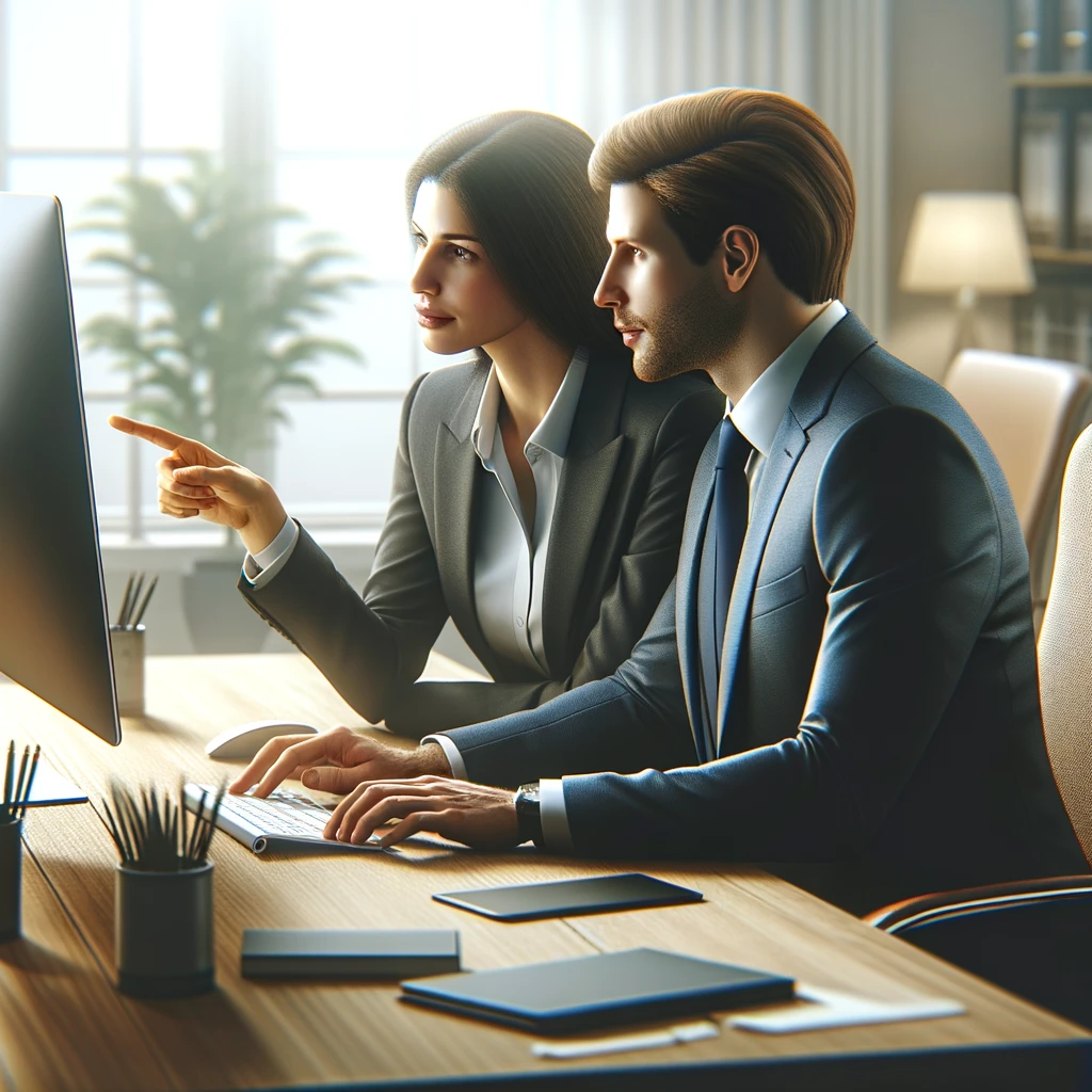 two people in an office working on a computer